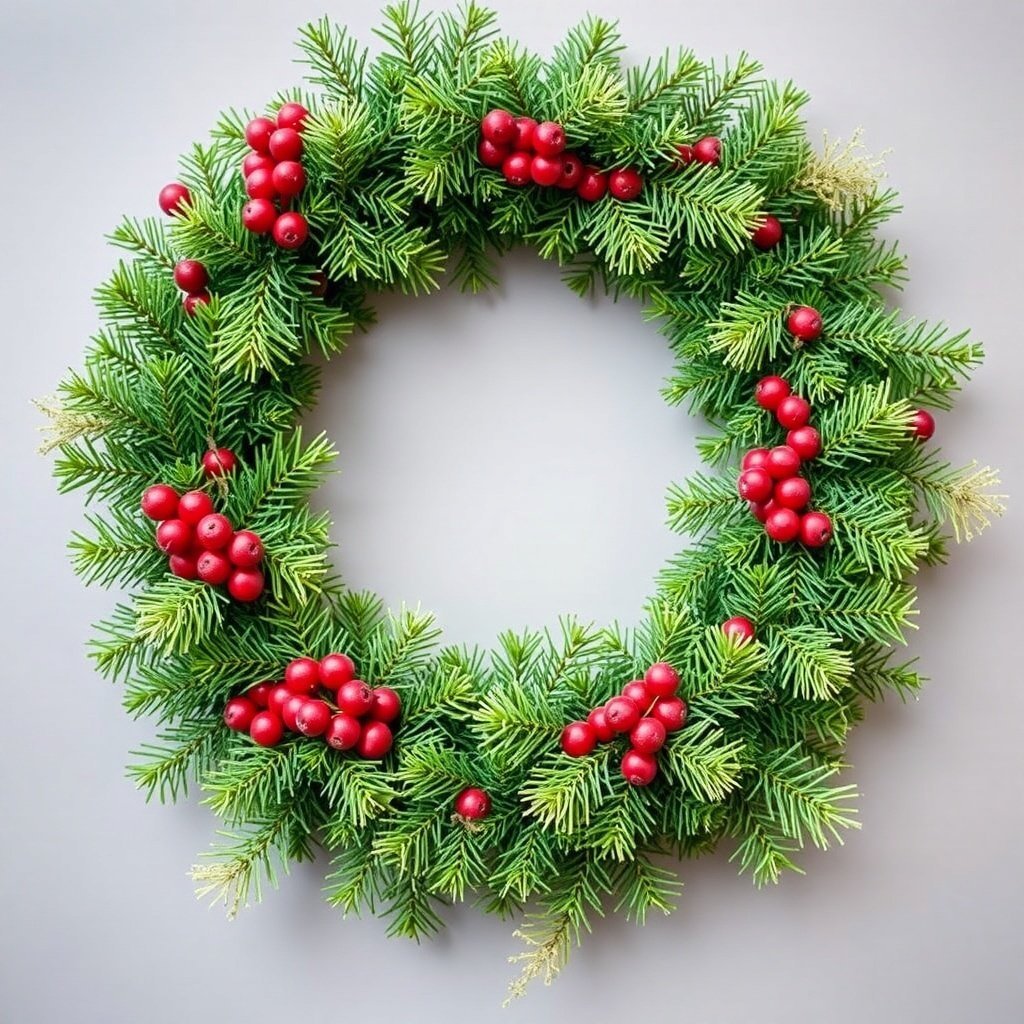 A Christmas wreath made of green branches and red berries.