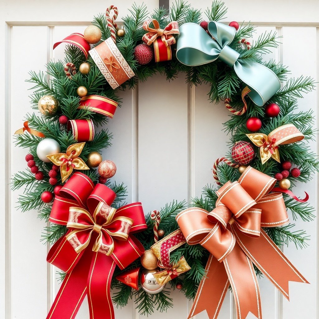 A festive Christmas wreath adorned with red and gold ribbons, bows, and ornaments.