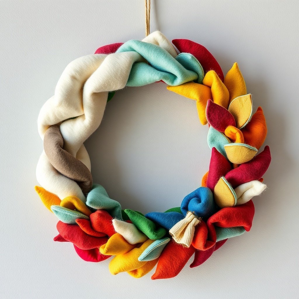 Colorful felt Christmas wreath with twisted fabric pieces