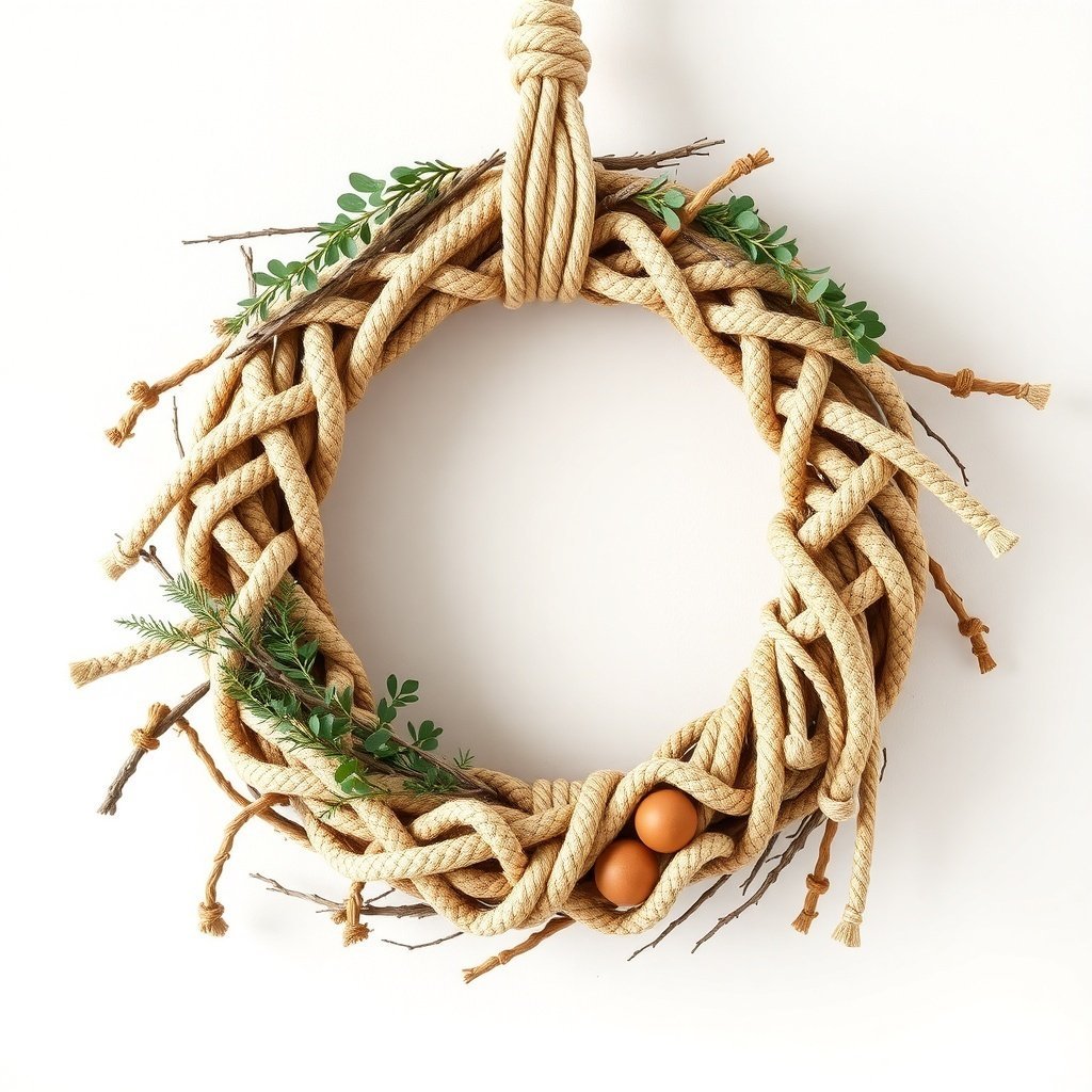 A handmade macrame wreath made of rope with greenery and decorative eggs.