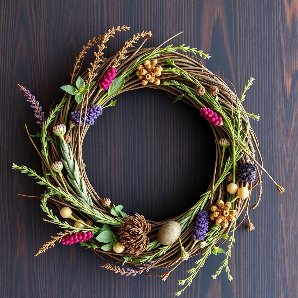A beautifully arranged Christmas wreath made with dried flowers and greenery.