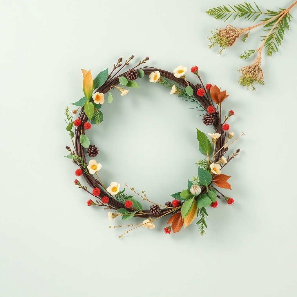 A sustainable eco-friendly Christmas wreath made with natural materials, featuring greenery, flowers, and pine cones.