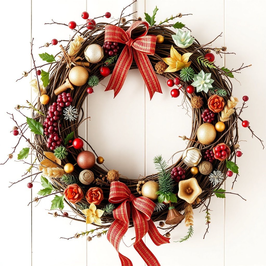 A beautifully decorated artisan grapevine wreath featuring ornaments, berries, and flowers, with a red bow.