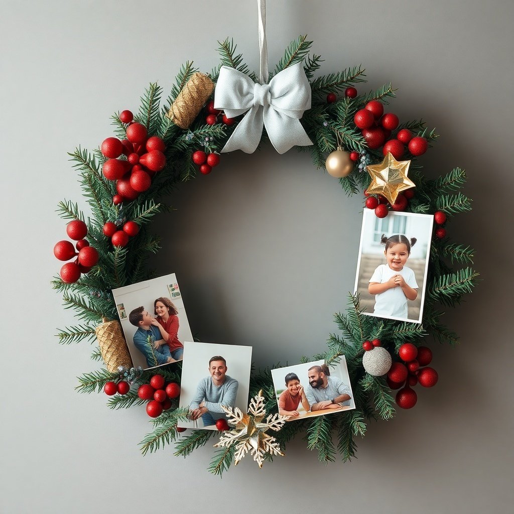 A Christmas wreath decorated with red berries, gold accents, and family photos.