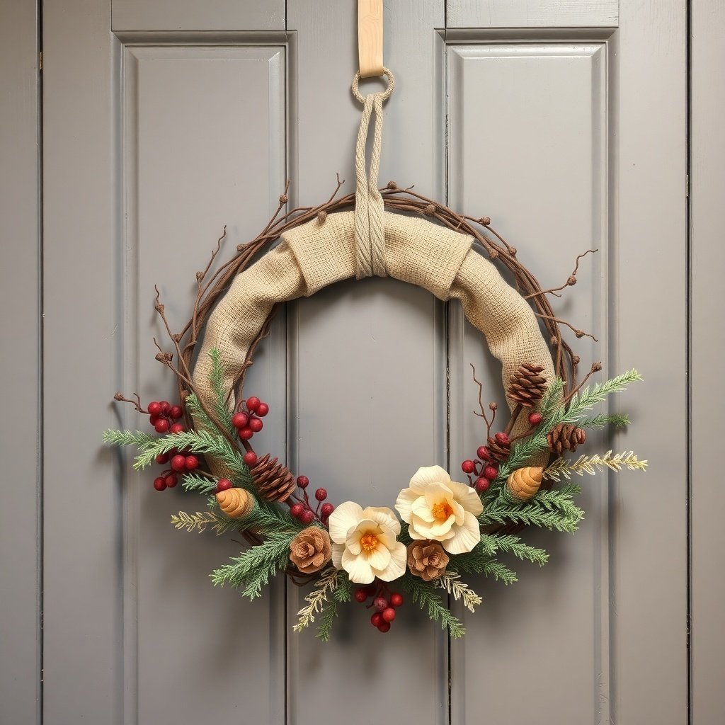 A farmhouse style Christmas wreath with burlap, flowers, pinecones, and berries, hanging on a door.