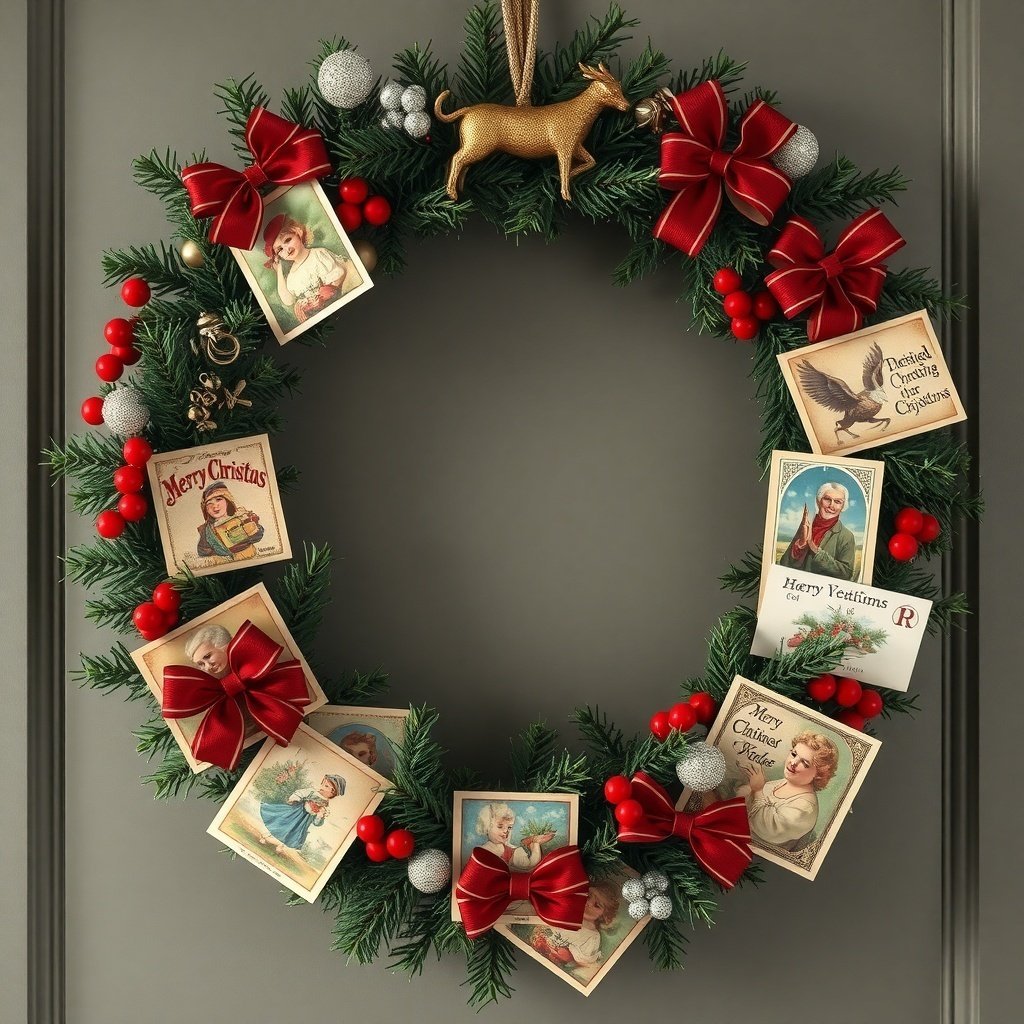A Christmas wreath decorated with vintage cards, red bows, and a golden reindeer.