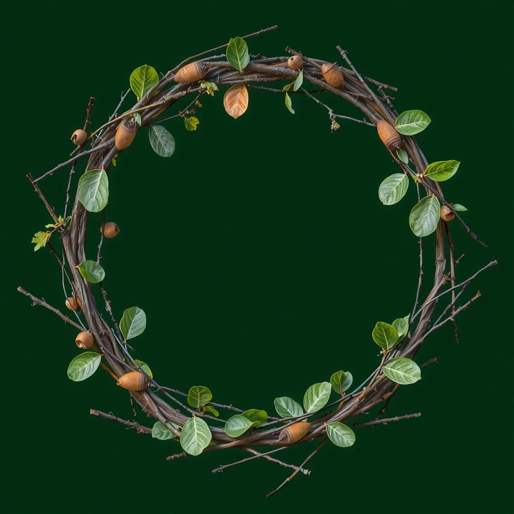 A Christmas wreath made of twigs and green leaves with acorns.