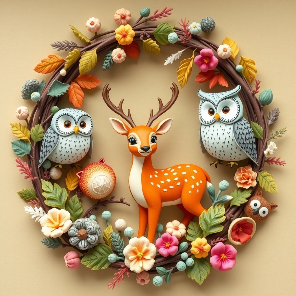 A colorful Christmas wreath featuring an orange deer and two owls surrounded by flowers and leaves.