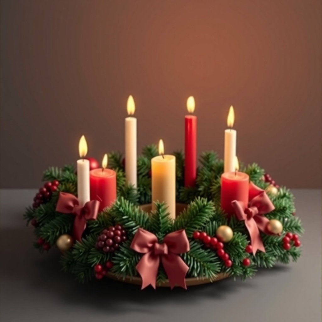 A decorative Advent wreath with six candles, surrounded by greenery and festive decorations.