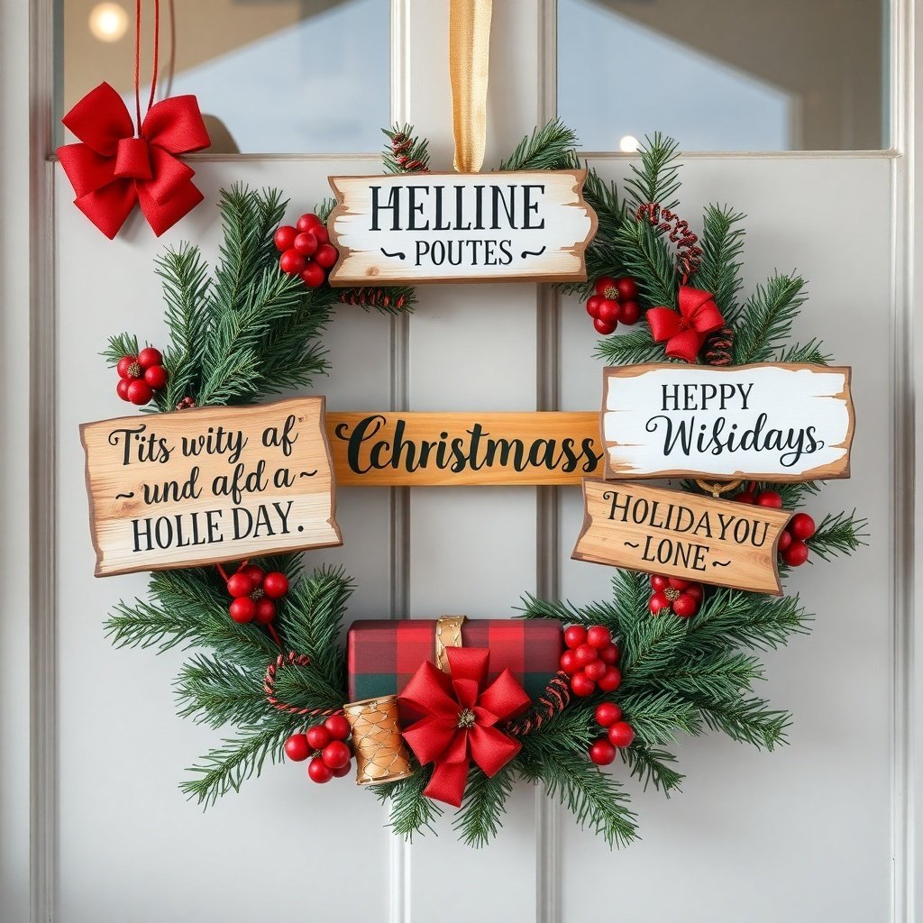 A Christmas wreath with humorous holiday quotes and festive decorations.