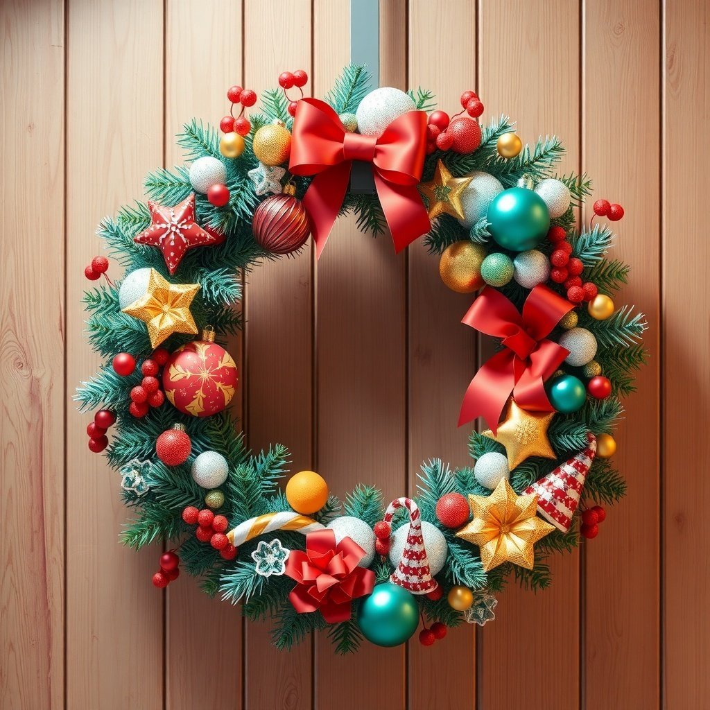 A colorful Christmas wreath decorated with ornaments, bows, and festive elements against a wooden background.