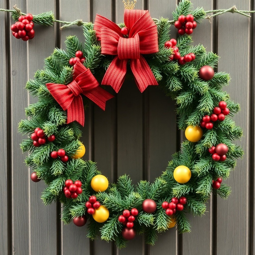 A colorful Christmas wreath with red bows and ornaments, hanging on a wooden wall.