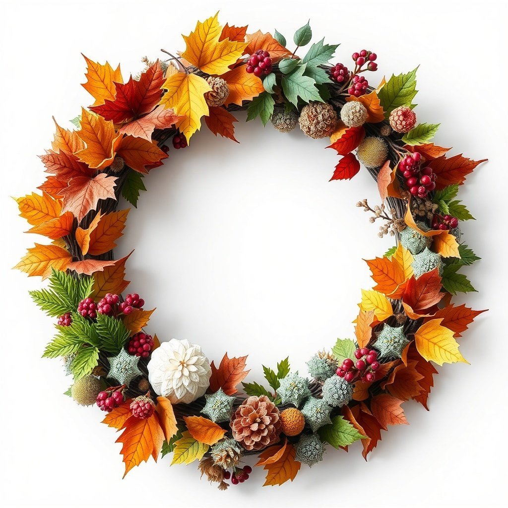 A colorful Christmas wreath with autumn leaves, berries, and pinecones.