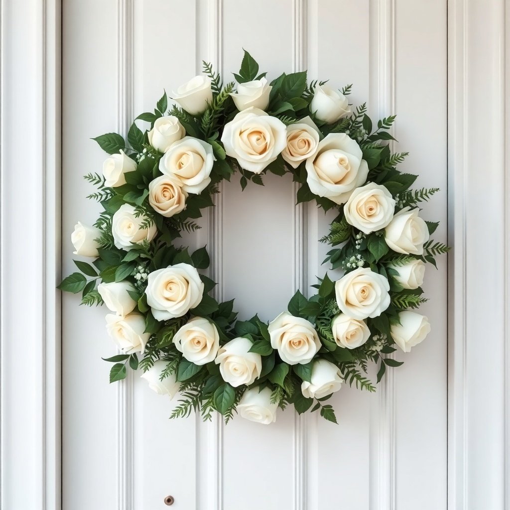 A beautiful Christmas wreath made of white roses and greenery, hanging on a door.