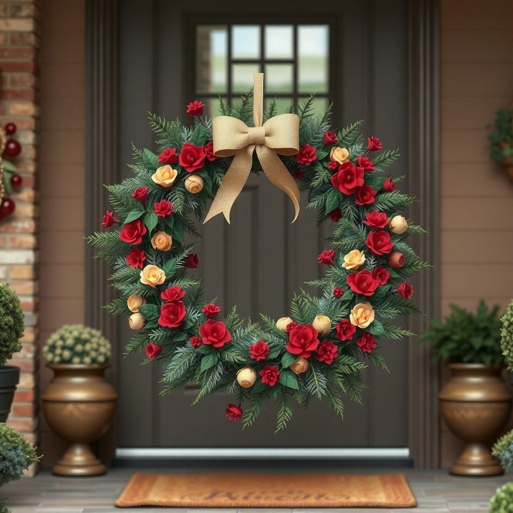 A Christmas wreath with red and cream flowers and a bow, hanging on a front door.
