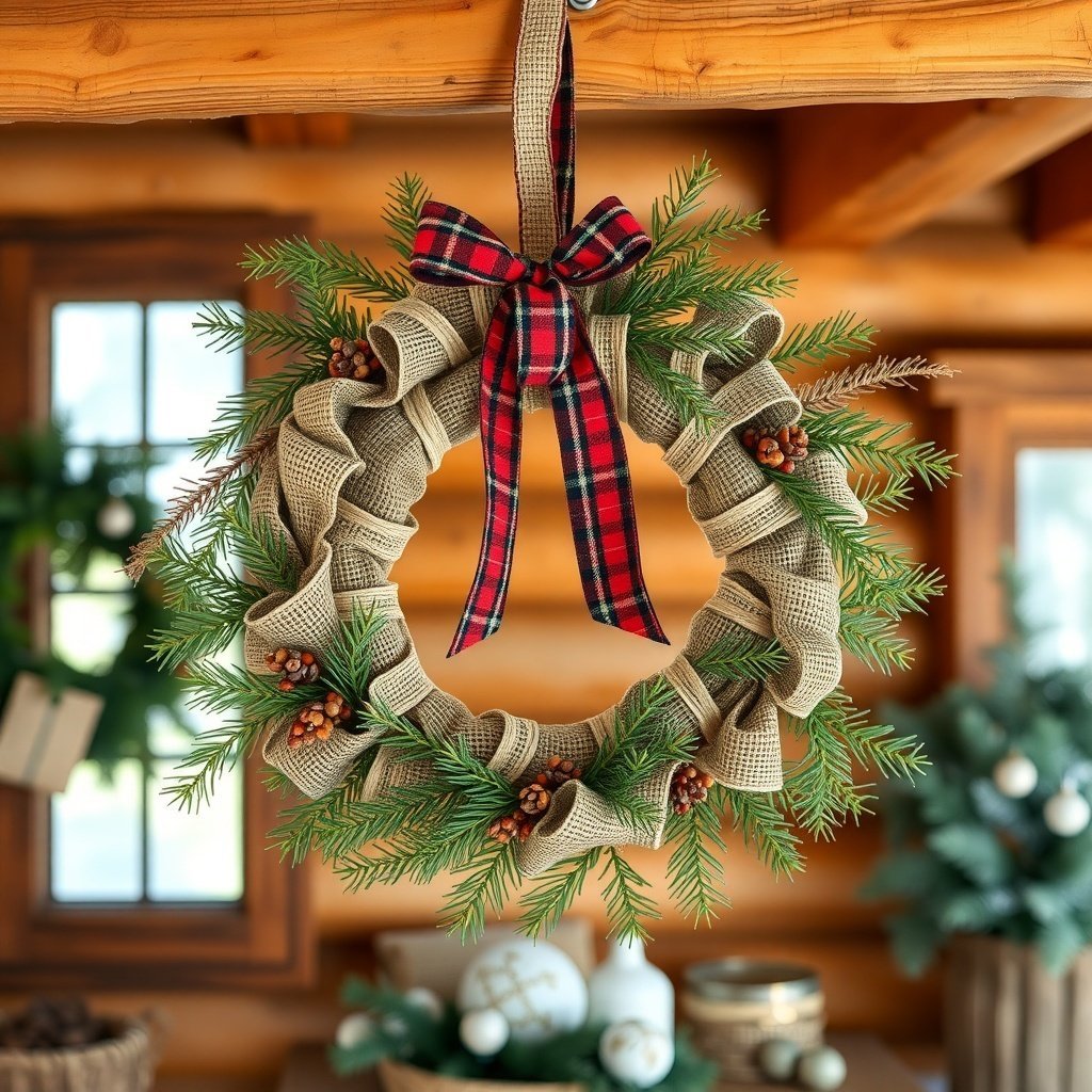 A rustic burlap and pine wreath with a plaid bow, hanging indoors