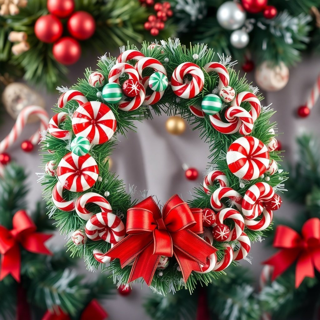 A whimsical candy cane wreath decorated with red and white candy canes and a large red bow.