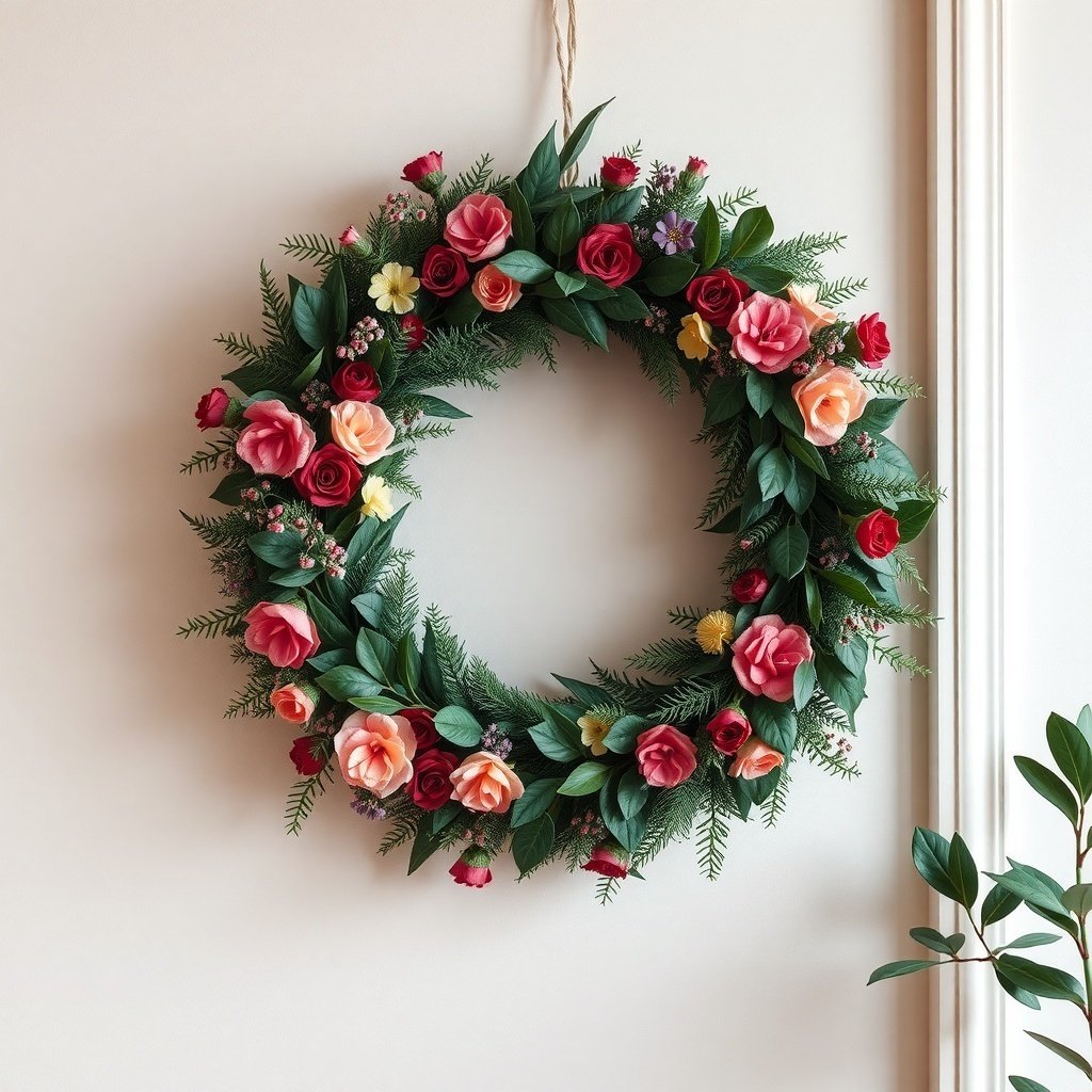 A colorful Christmas wreath with roses and greenery hanging on a wall.