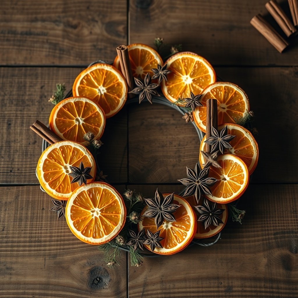 A Christmas wreath made with dried orange slices, star anise, and cinnamon sticks on a wooden table.