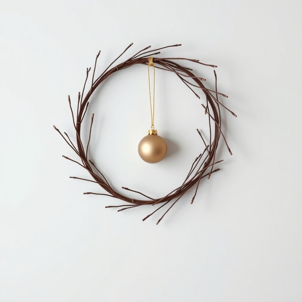 A modern minimalist Christmas wreath made of thin branches with a single golden ornament hanging in the center.