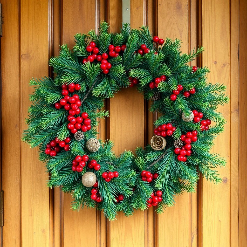 A Christmas wreath made of evergreen foliage, red berries, and pinecones, hanging on a wooden door.