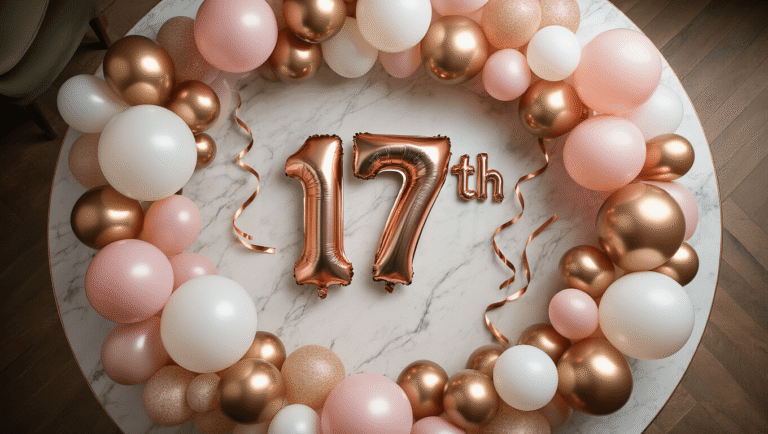 Cinematic overhead shot of an elegant 17th birthday balloon arrangement on a marble surface, featuring rose gold "1" and "7" foil balloons as the centerpiece, surrounded by clusters of blush pink, white, and gold latex balloons, with sage green accents and ribbon cascades, all captured in warm golden hour lighting.