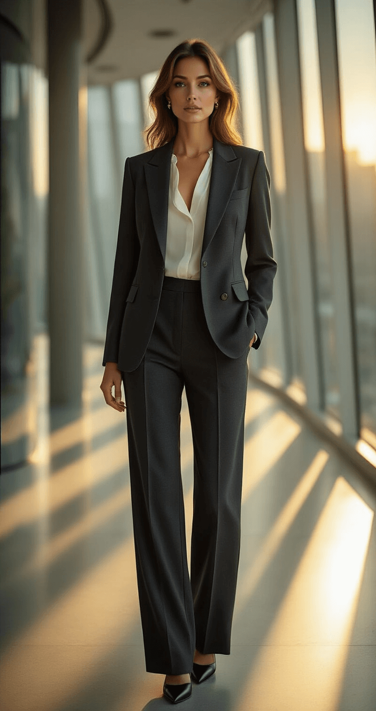 A confident professional woman in a tailored charcoal double-breasted blazer and wide-leg trousers stands in a modern office corridor, illuminated by warm sunlight. Her outfit, paired with a white silk blouse and black pumps, showcases elegant tailoring and dramatic shadows.