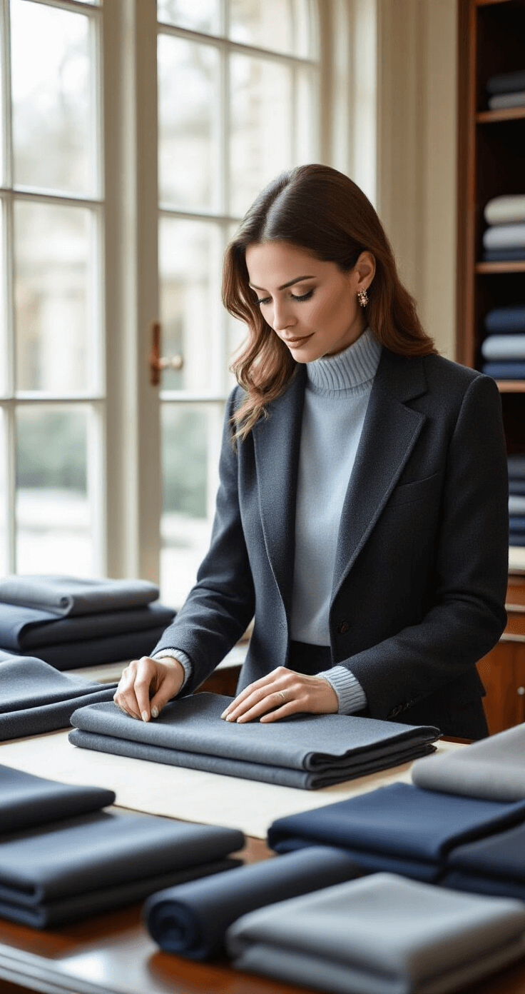A stylish woman in a charcoal blazer and light blue cashmere sweater examines high-quality fabric swatches in a luxury tailor shop, surrounded by rolls of Australian merino wool and Super 150s fabrics, illuminated by natural light.