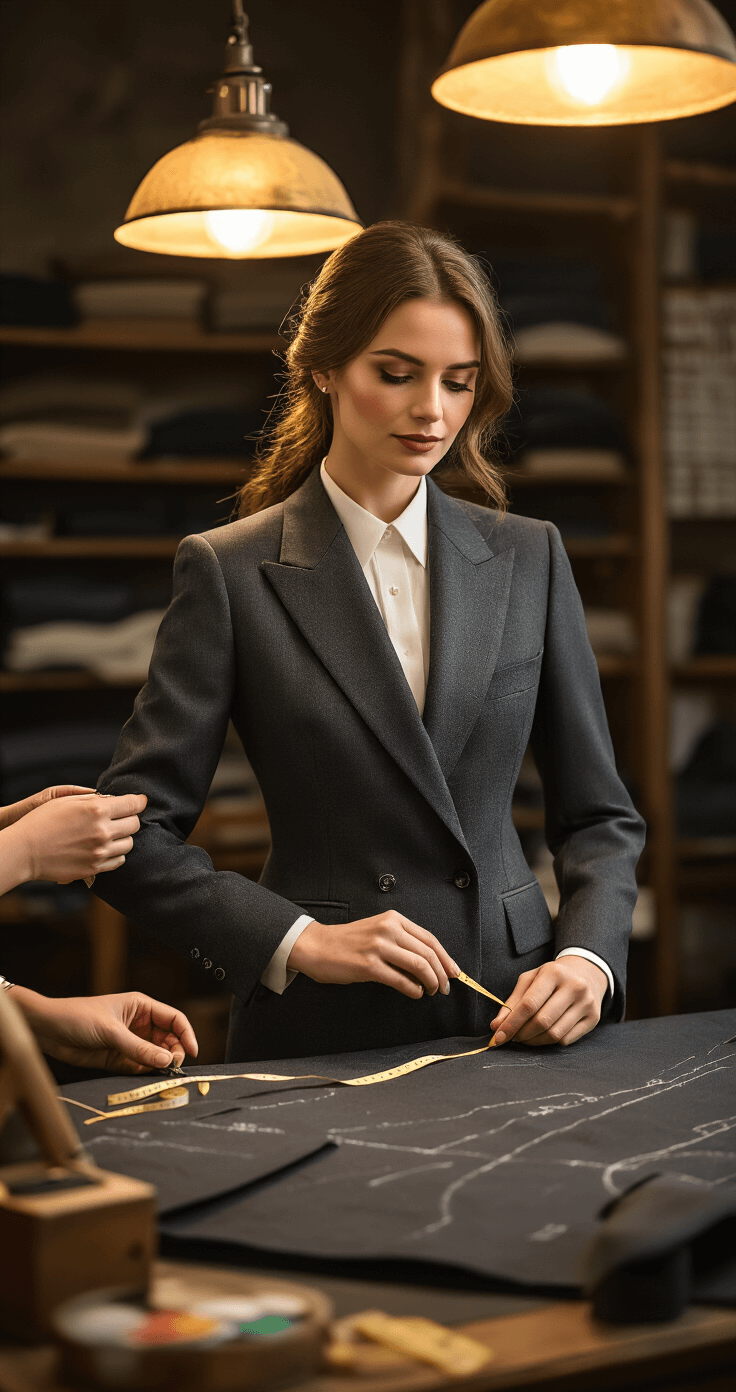 A sophisticated woman in a charcoal double-breasted suit jacket being fitted in an upscale tailor's studio, surrounded by tools like pin cushions and measuring tapes, illuminated by warm vintage lighting, highlighting the precise tailoring process.