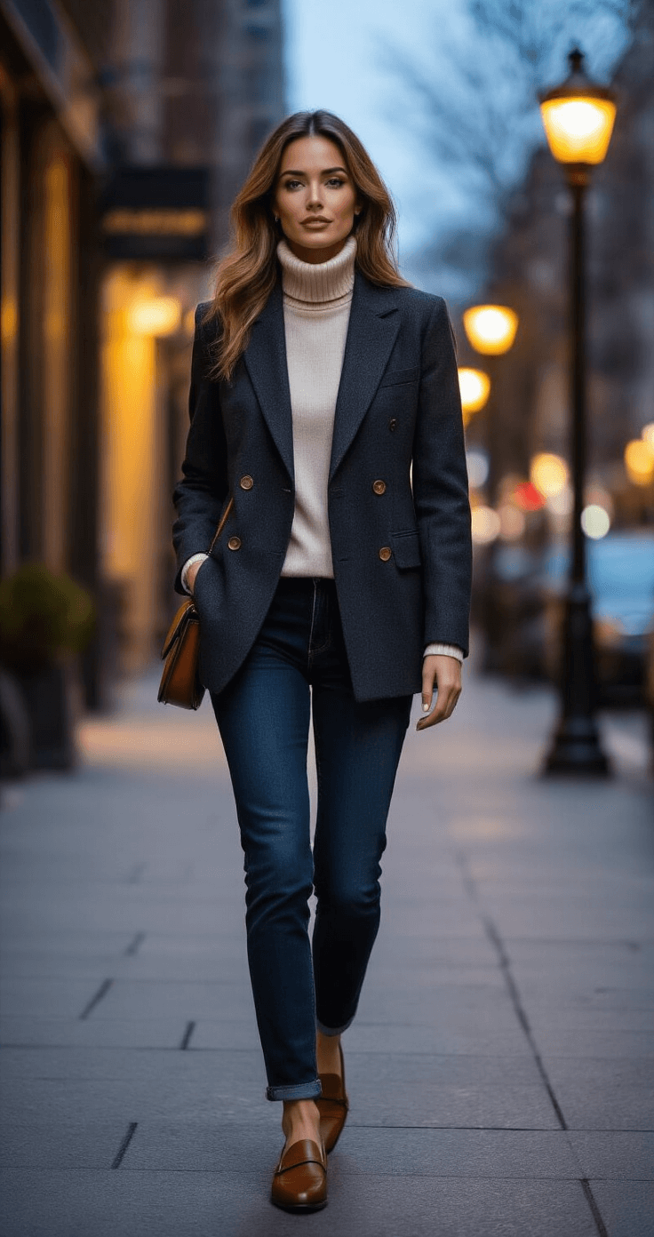 A stylishly dressed woman in a charcoal double-breasted blazer over a cream turtleneck sweater and slim-fit dark jeans walks along a trendy urban sidewalk during blue hour, illuminated by warm street lamp lighting. She wears brown leather loafers and carries a minimalist crossbody bag, showcasing her relaxed yet polished look.