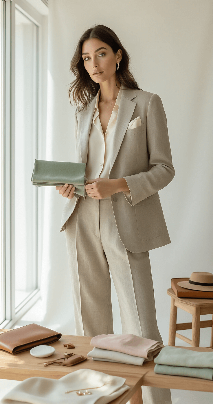 A model in a taupe linen blazer and cream silk pocket square poses in a bright studio with floor-to-ceiling windows, showcasing matching wide-leg trousers. She's holding swatches of sage green, blush pink, and stone grey linen, with a wooden styling table featuring leather accessories and delicate jewelry pieces in the background.