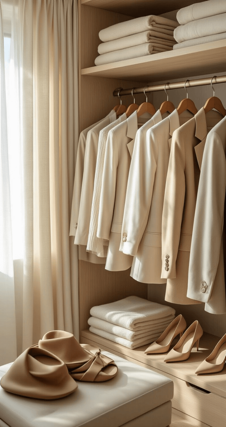 A well-organized, sunlit walk-in closet featuring a model arranging cream and sand-colored blazers on wooden hangers, with natural light filtering through sheer curtains, surrounded by leather accessories, silk scarves, and nude heels on floating shelves.