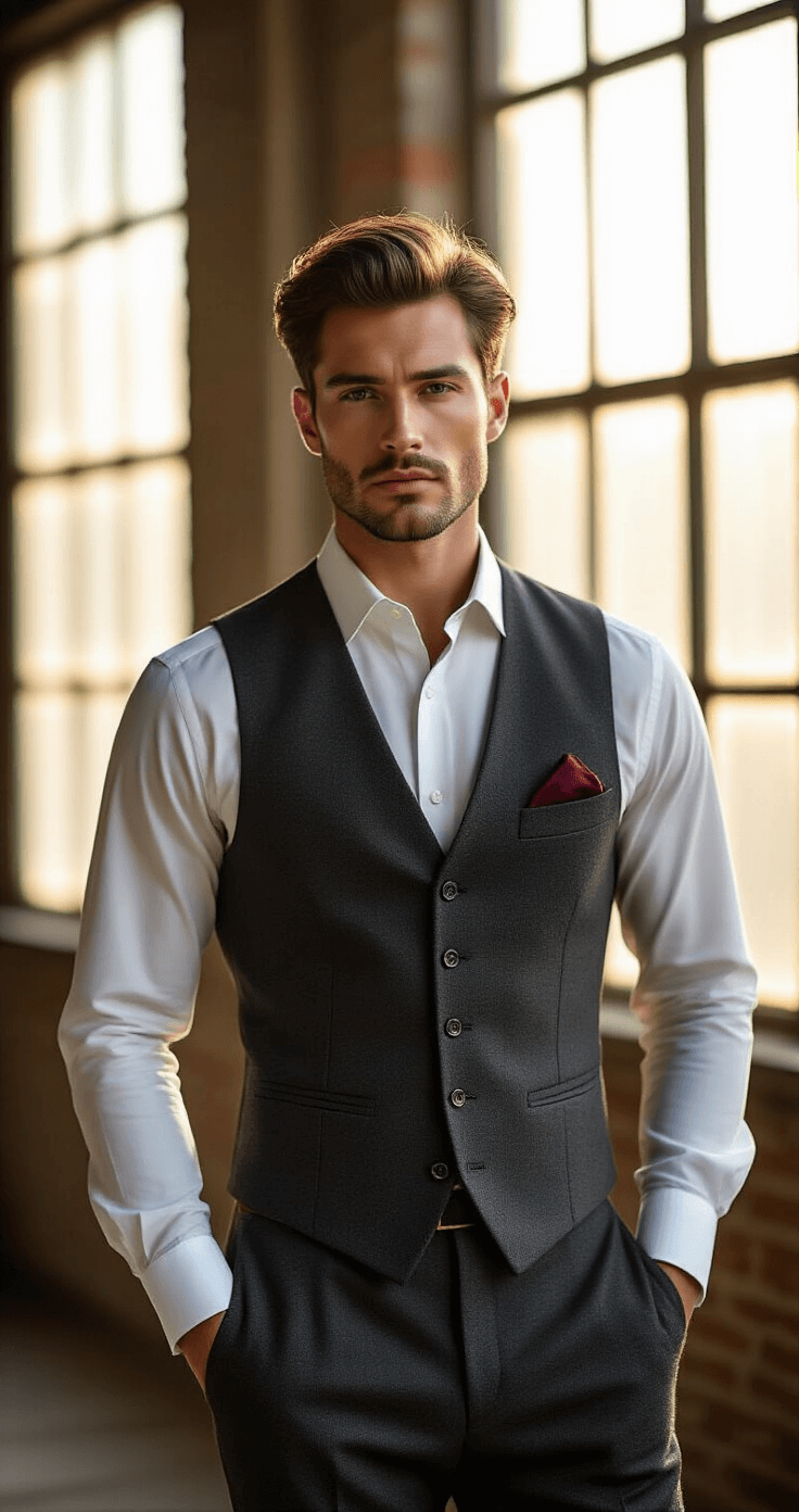 A sophisticated male model in a tailored charcoal gray wool waistcoat with burgundy silk lining, standing in a vintage sunlit photography studio, illuminated by golden hour light through industrial windows, showcasing precise tailoring details and a crisp white dress shirt, with a focus on shoulder seam alignment and V-cut silhouette.