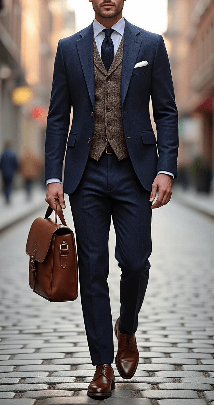 A young professional male in a navy three-piece suit with a tweed waistcoat walks confidently down a cobblestone street, illuminated by soft morning light, showcasing modern masculinity and sartorial confidence.