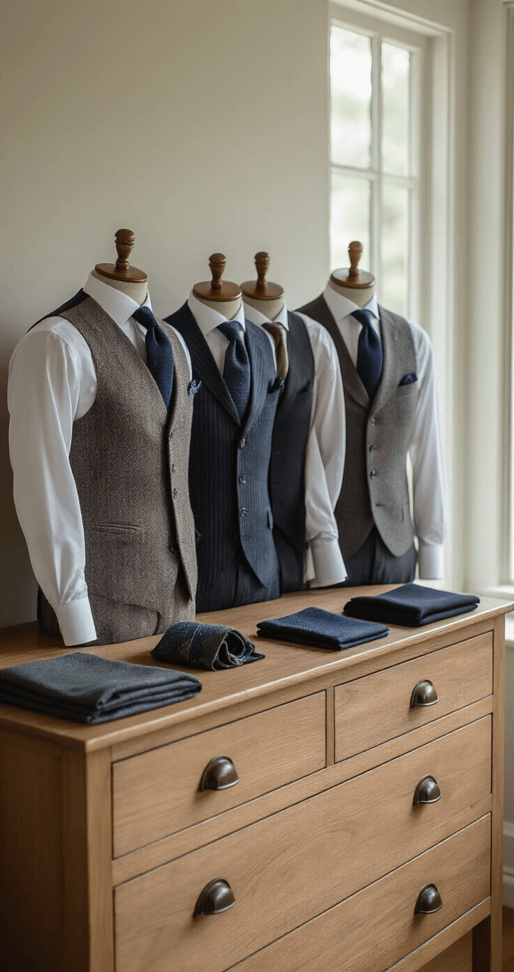 Intimate wardrobe styling display of various waistcoat designs on a minimalist wooden dresser, featuring herringbone, solid navy wool, and charcoal pinstripe fabrics, complemented by silk ties and pocket squares, all illuminated by soft ambient light against a muted background.