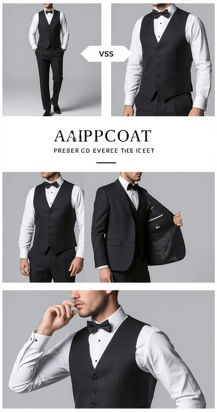 A male model showcases the versatility of a waistcoat in a dramatic split-scene photoshoot, featuring a refined three-piece black tie outfit on one side and a relaxed weekend ensemble on the other. The clean studio setting and dramatic side lighting emphasize the precise fit and styling transitions, highlighting crisp fabric details and layering techniques.