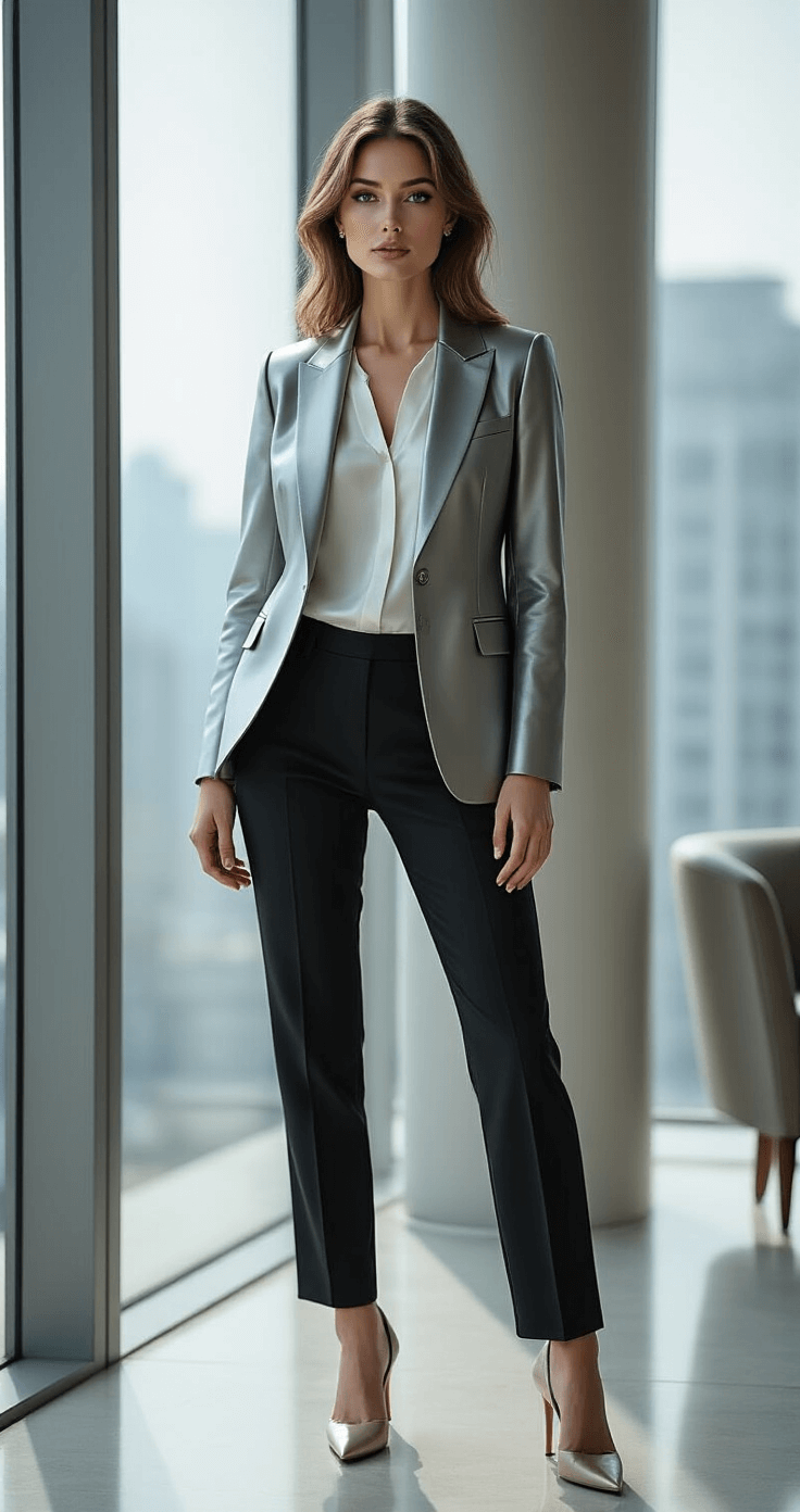 How to Rock a Statement Blazer in Metallic Tones Without Looking Like a Disco Ball A model in a silver gunmetal blazer over a white silk blouse and tailored black trousers stands near floor-to-ceiling windows, showcasing professional elegance in a sophisticated office setting with minimalist furniture and soft midday light.