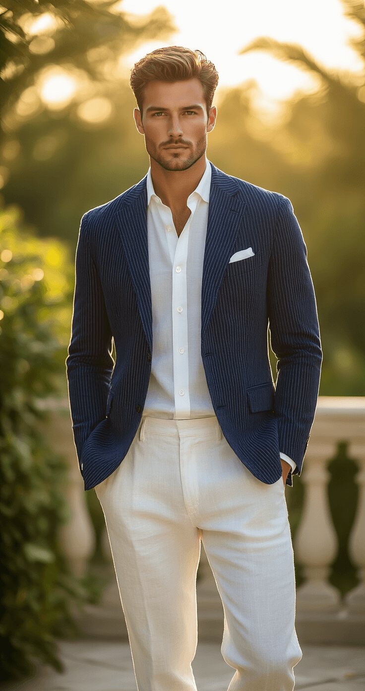 Photorealistic portrait of a male model in a tailored navy seersucker blazer and white linen trousers, standing on a sunlit terrace with soft natural lighting and a blurred background of lush greenery.