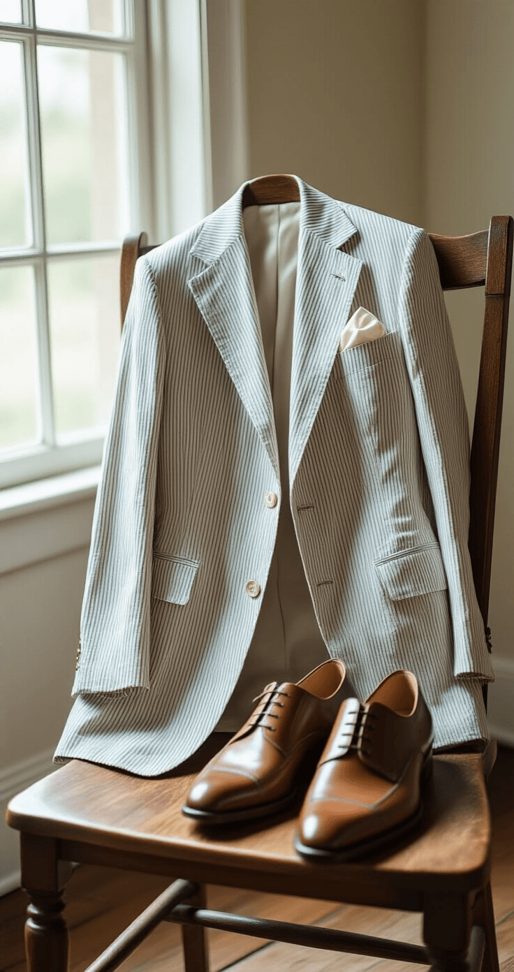 Close-up of a seersucker blazer draped over a vintage wooden chair, highlighting its striped pattern and textured surface, complemented by a silk pocket square and leather dress shoes in soft ambient light.