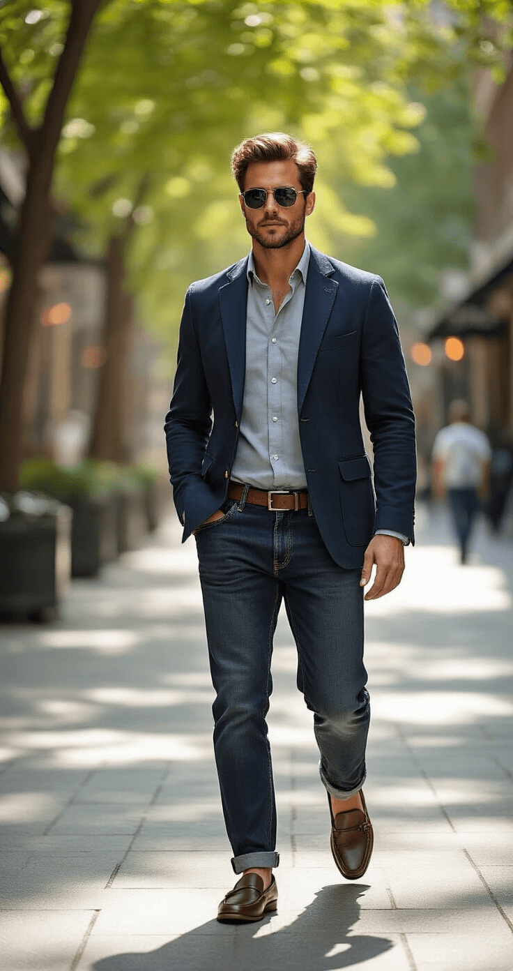 A confident young professional in a navy seersucker blazer, light gray oxford shirt, and dark slim-fit jeans walks through a sun-dappled urban plaza, wearing casual leather loafers and designer sunglasses, with afternoon sunlight highlighting the fabric's texture.