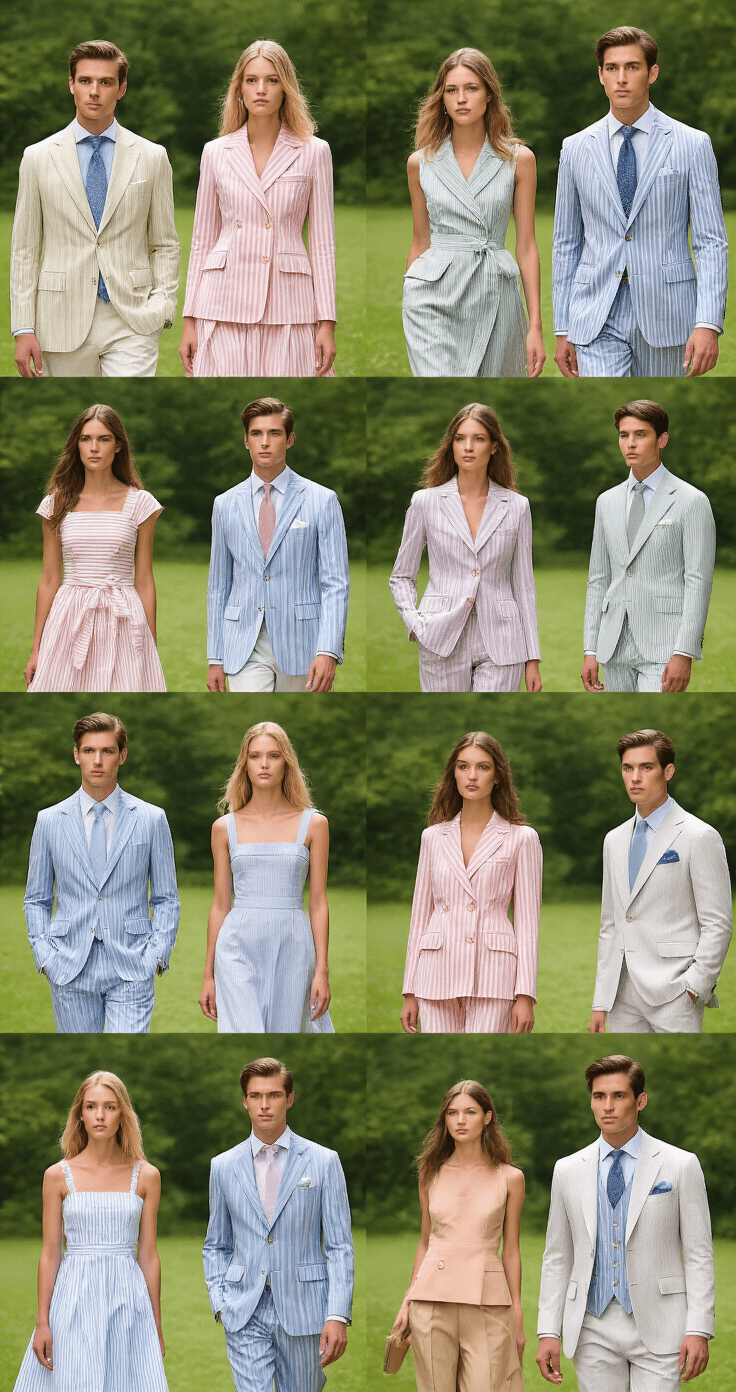A stylish summer garden party scene with models wearing seersucker blazers, dresses, and suits in pastel and striped patterns, set against a lush green landscape. The composition highlights the versatility of seersucker fabric in elegant, breathable summer fashion for various silhouettes and genders.