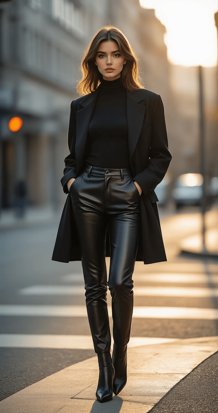A young woman in an all-black outfit, featuring fitted leather pants, a silk turtleneck, and an oversized wool blazer, stands at a minimalist street corner during golden hour, with soft side lighting highlighting texture variations and sophisticated monochromatic styling.