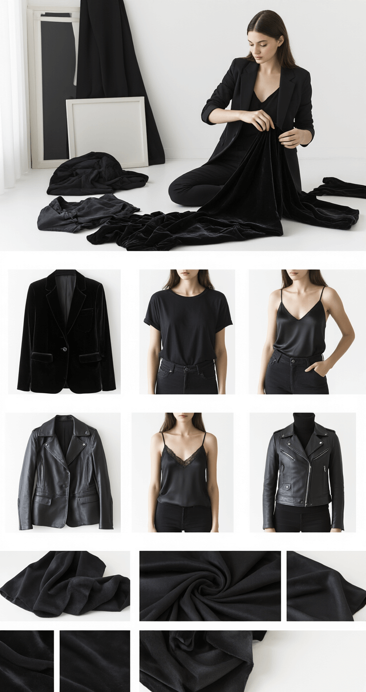 A model styling various black clothing pieces, including a velvet blazer, cotton tee, silk camisole, and leather jacket, against a clean white backdrop, with soft natural light creating shadows that highlight the textures and depth of the fabrics.