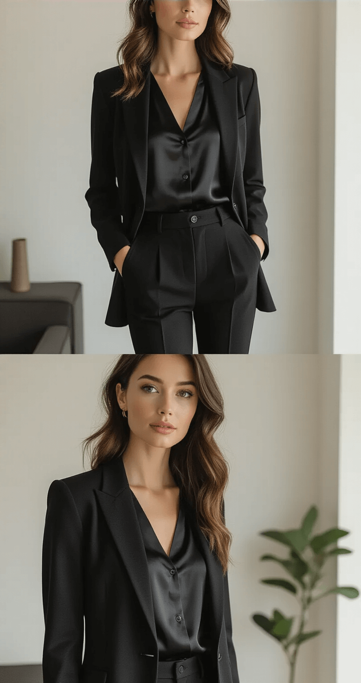 A stylish woman in an all-black smart-casual outfit, featuring high-waisted trousers, a satin blouse, and a structured blazer, working at a modern minimalist workspace with warm ambient lighting and a contemporary interior.
