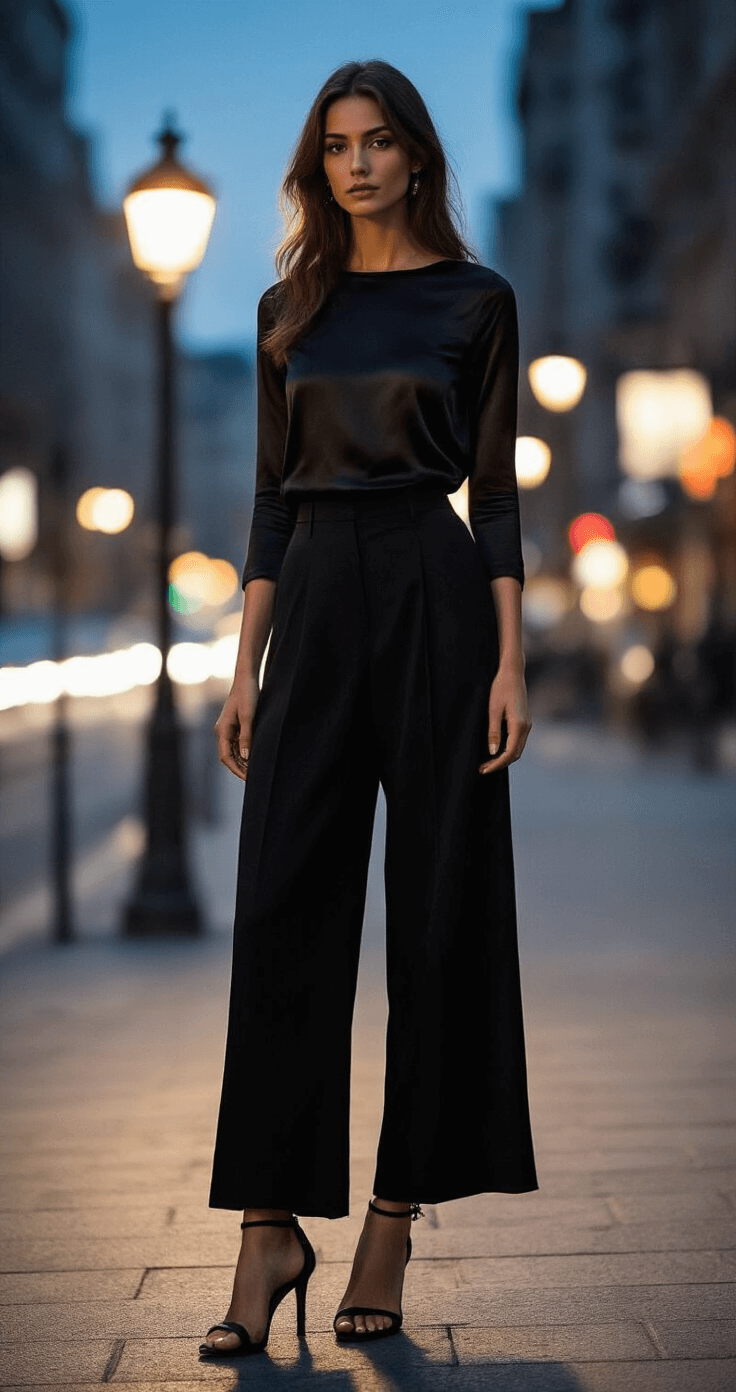 A woman in black wide-leg trousers and a silk black top stands on an elegant evening street, illuminated by a streetlamp that casts dramatic side lighting, highlighting the outfit's fluid lines. The urban nighttime background features blurred city lights, enhancing the sophisticated monochromatic styling.