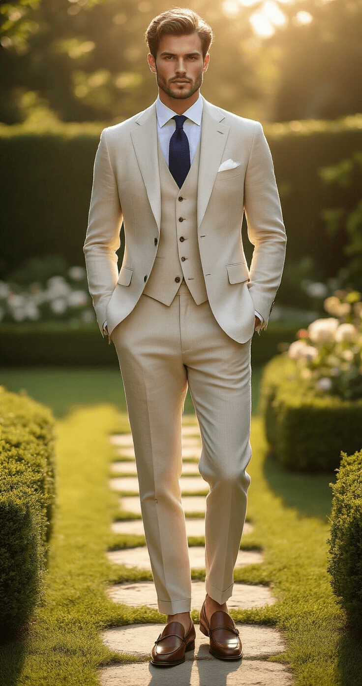 A tall male model in a light beige linen suit stands confidently at a sunlit garden party, showcasing a crisp white shirt, navy tie, and brown loafers, surrounded by flowering hedges and stone pathways in a warm golden hour backdrop.