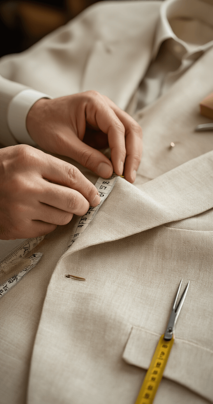 Close-up of a light beige linen suit being tailored, showcasing detailed fabric texture, measuring tape, pins, and tools in soft studio lighting with a warm, neutral color palette.