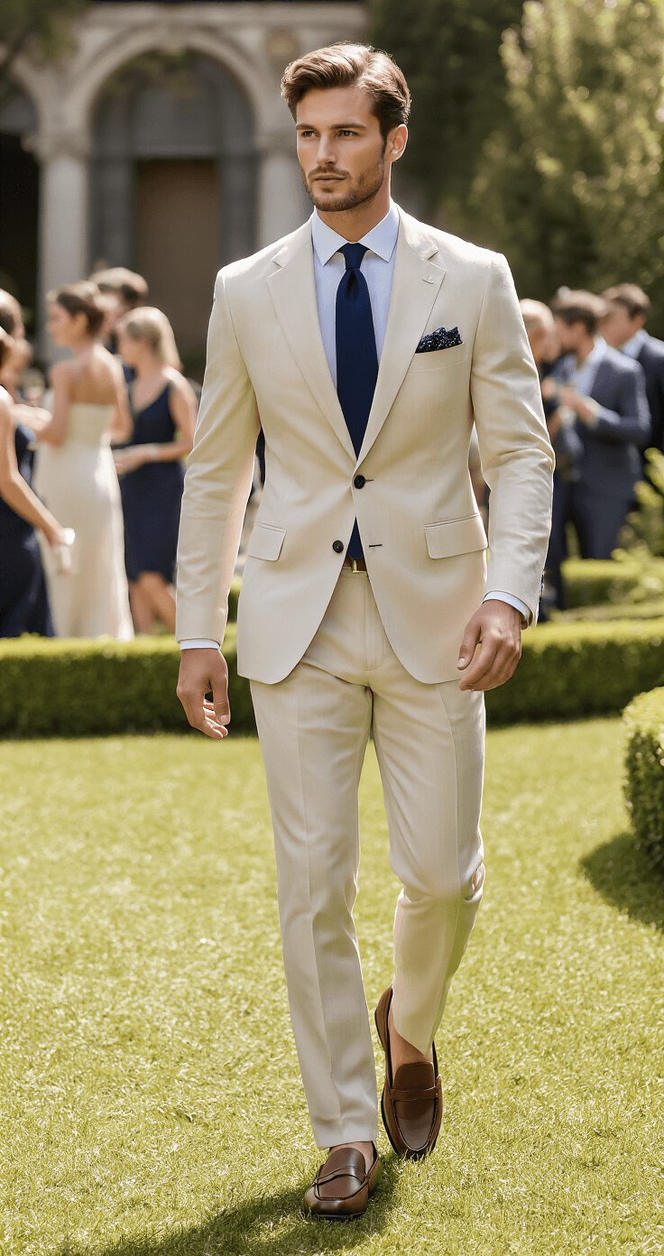 A male model in a light beige suit and navy tie navigates a sophisticated outdoor garden party, showcasing confident movement among elegantly dressed guests in a soft-focus background of manicured gardens and architectural elements, highlighting the lightweight fabric of his outfit in natural lighting.