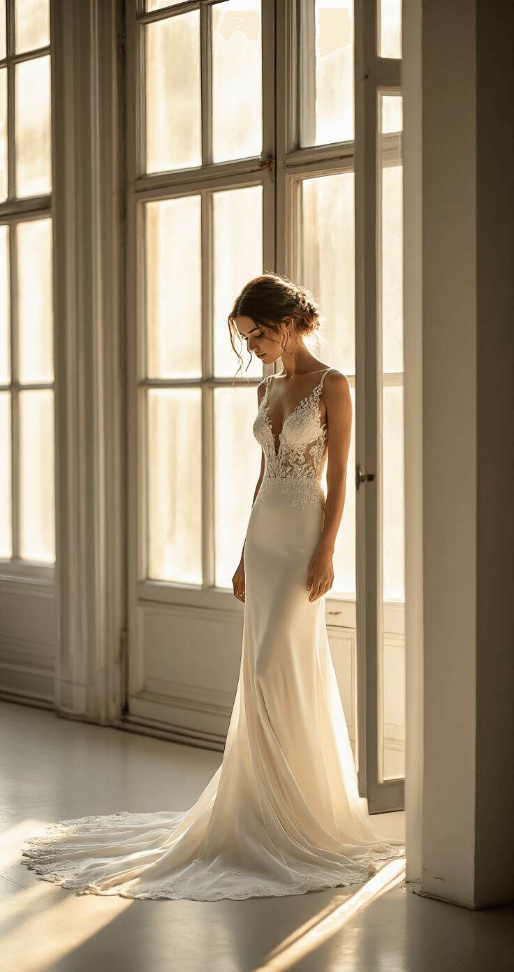A bride in an elegant ivory silk wedding dress with lace details stands near floor-to-ceiling windows in a minimalist white studio, bathed in soft natural light and golden hour rim lighting, captured in high-resolution with a soft focus.