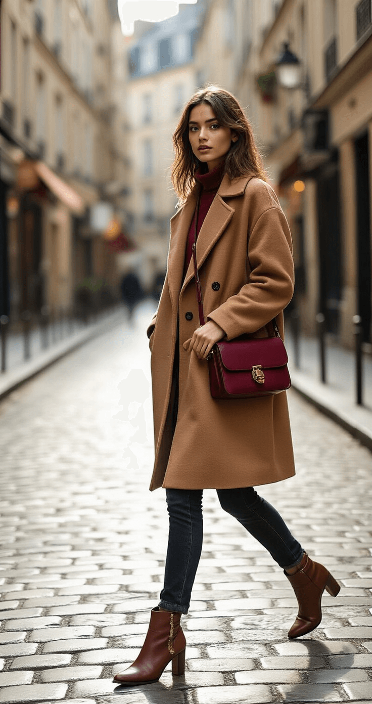 A young fashion model strolls confidently through a chic cobblestone street in Paris, showcasing a layered autumn outfit featuring a camel wool oversized coat, dark skinny jeans, and ankle boots with metallic accents, while carrying a burgundy leather crossbody bag; morning light creates soft shadows, enhancing the urban sophistication of the scene.